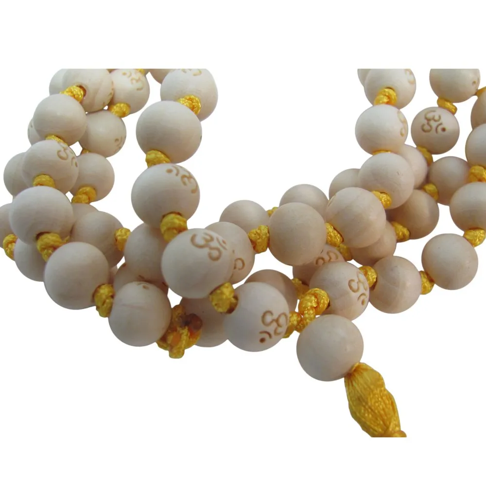108ct 9mm Tulsi Wood Beads Tibetan Hindu Buddhist Om Carved Mala Bead Necklace w/ Gift Pouch