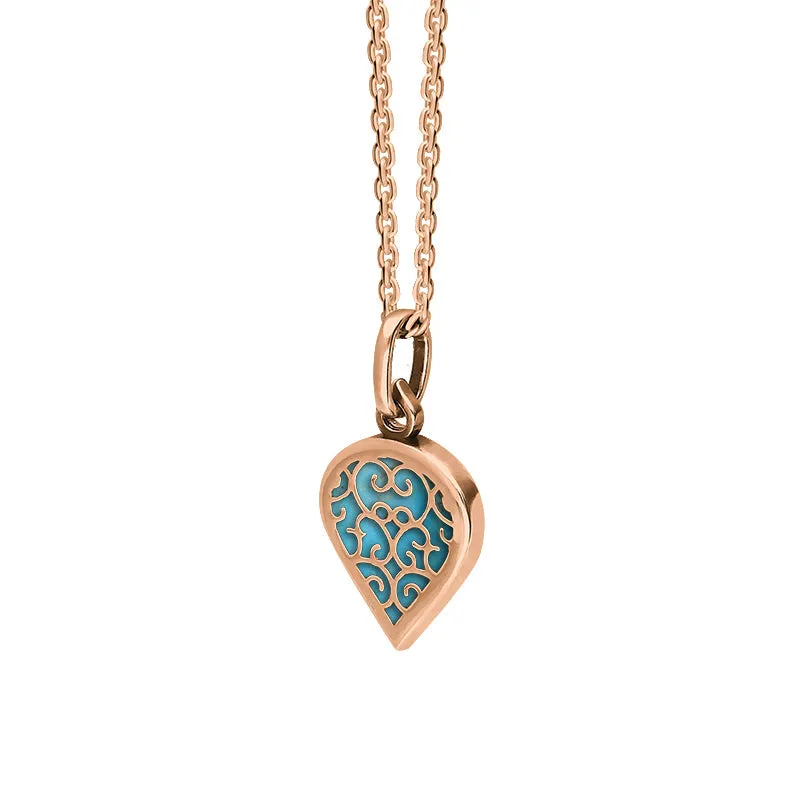 18ct Rose Gold Turquoise Flore Filigree Small Heart Necklace