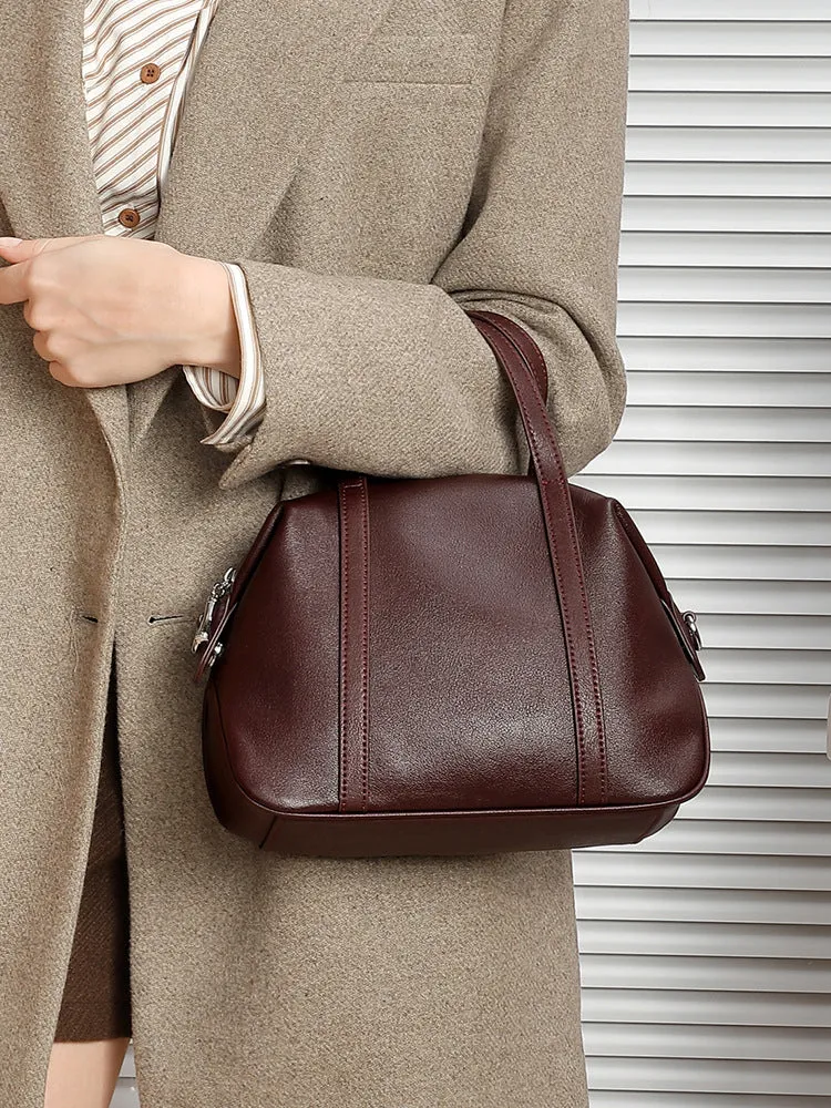25CM New niche genuine leather shoulder Boston pillow handbag 2898 brown
