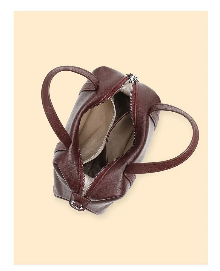 25CM New niche genuine leather shoulder Boston pillow handbag 2898 brown
