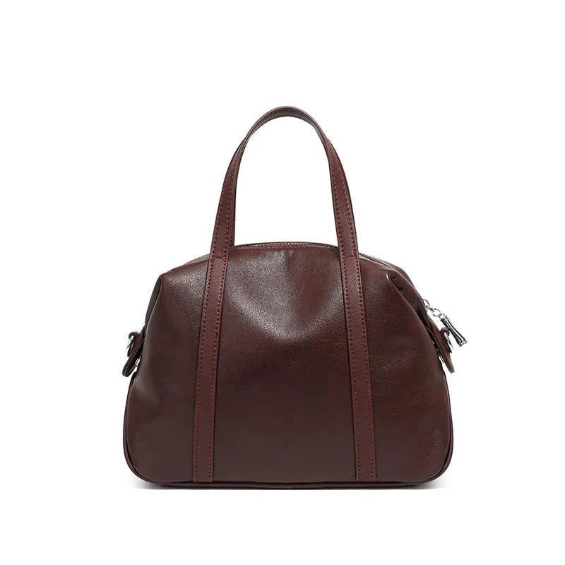 25CM New niche genuine leather shoulder Boston pillow handbag 2898 Jujube red