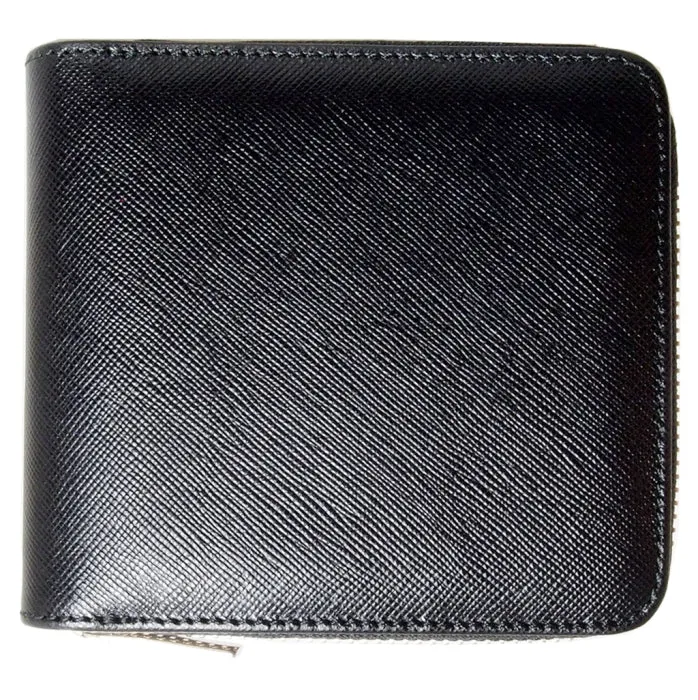 4 Credit-Cards Zipped Saffiano Leather Wallet Black
