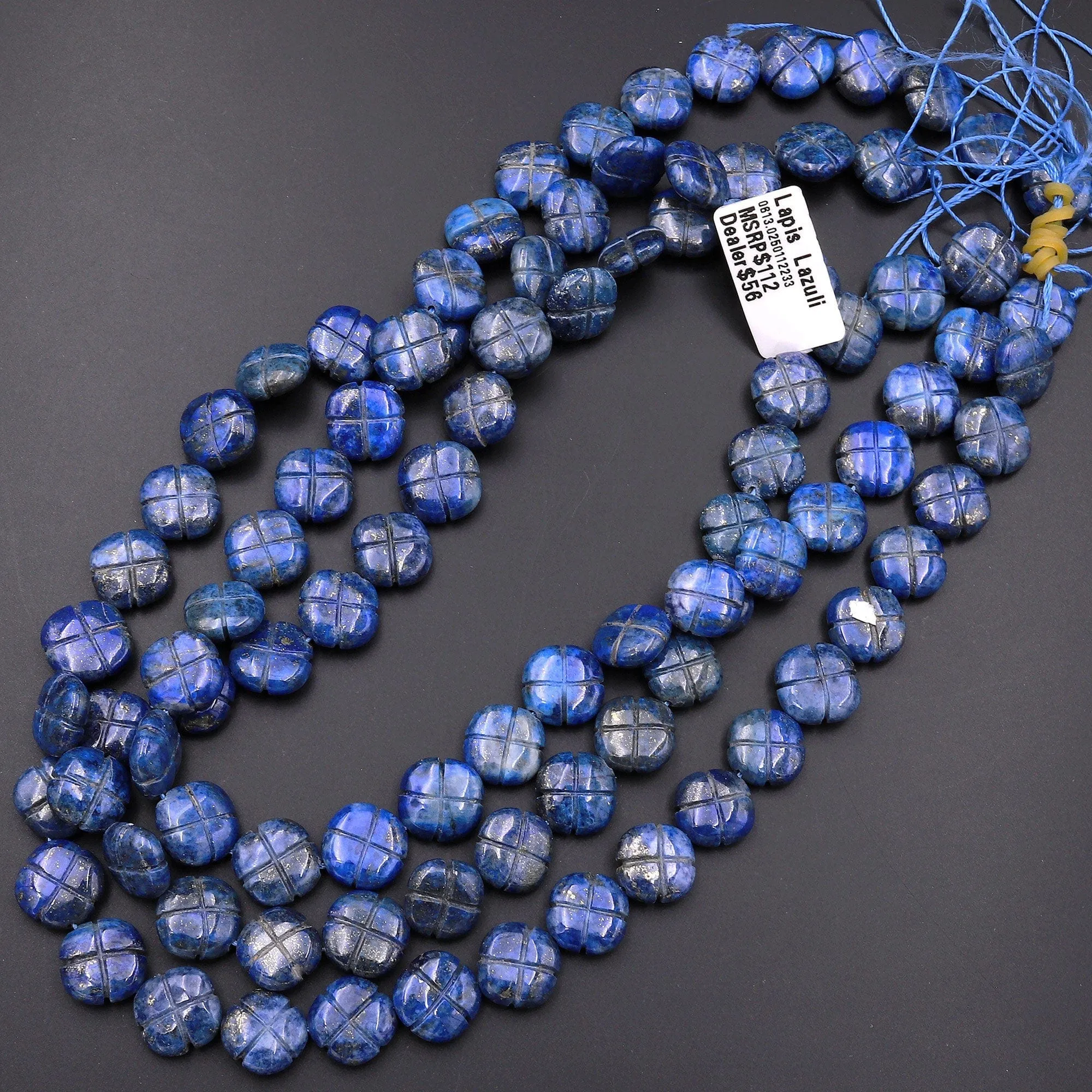 4 Four Leaf Clover Beads 10mm 12mm Natural Blue Lapis Hand Carved Flower Gemstone 15.5" Strand