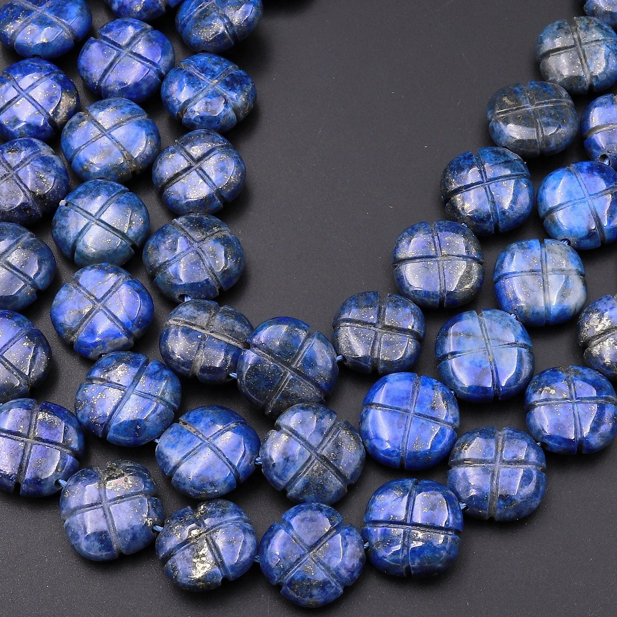 4 Four Leaf Clover Beads 10mm 12mm Natural Blue Lapis Hand Carved Flower Gemstone 15.5" Strand