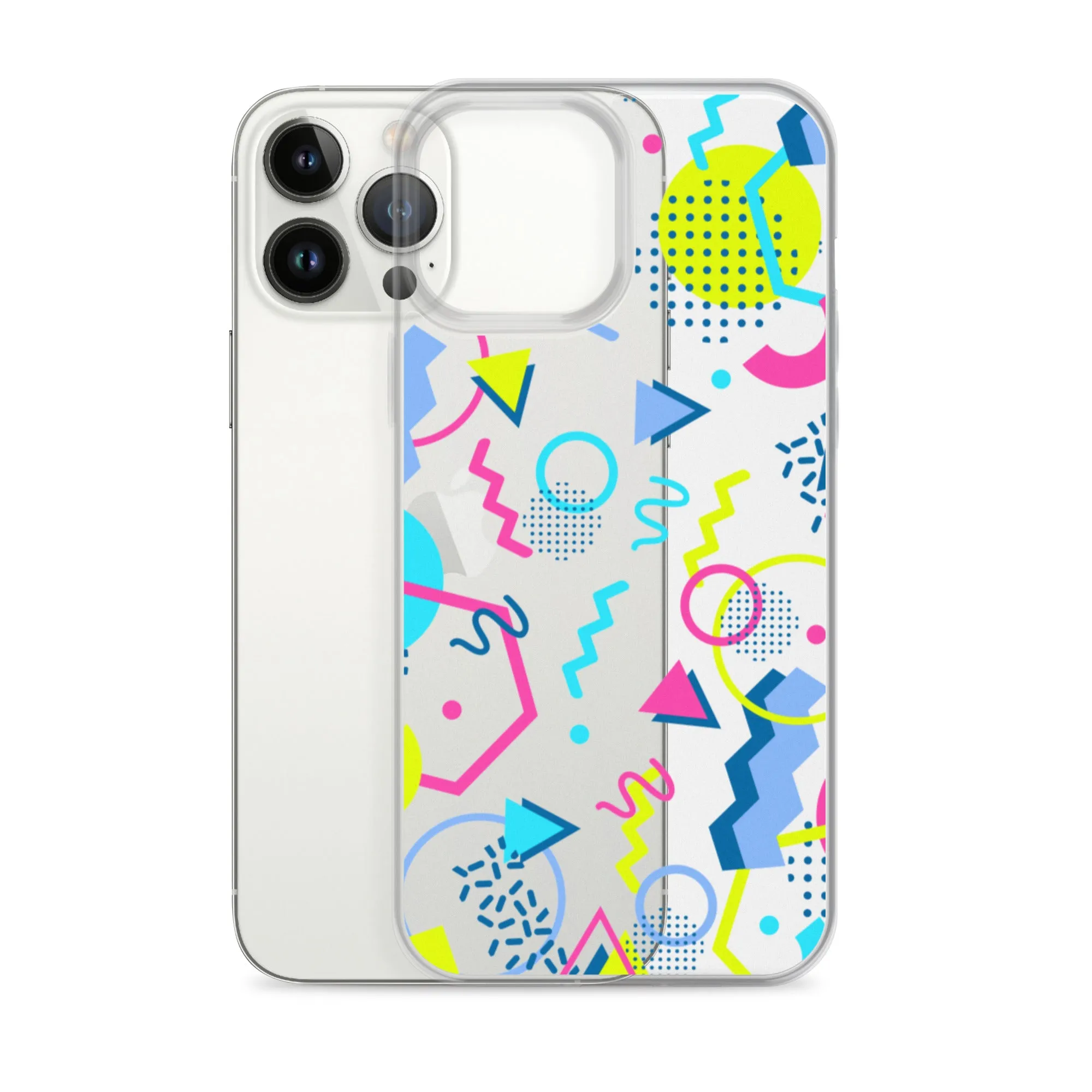 80s Geometric Colorful iPhone 15 14 13 12 Pro Max Clear Case, 1980s Pop Art Print Cute Aesthetic iPhone 11 Mini SE XS XR X 7 8 Cell Phone