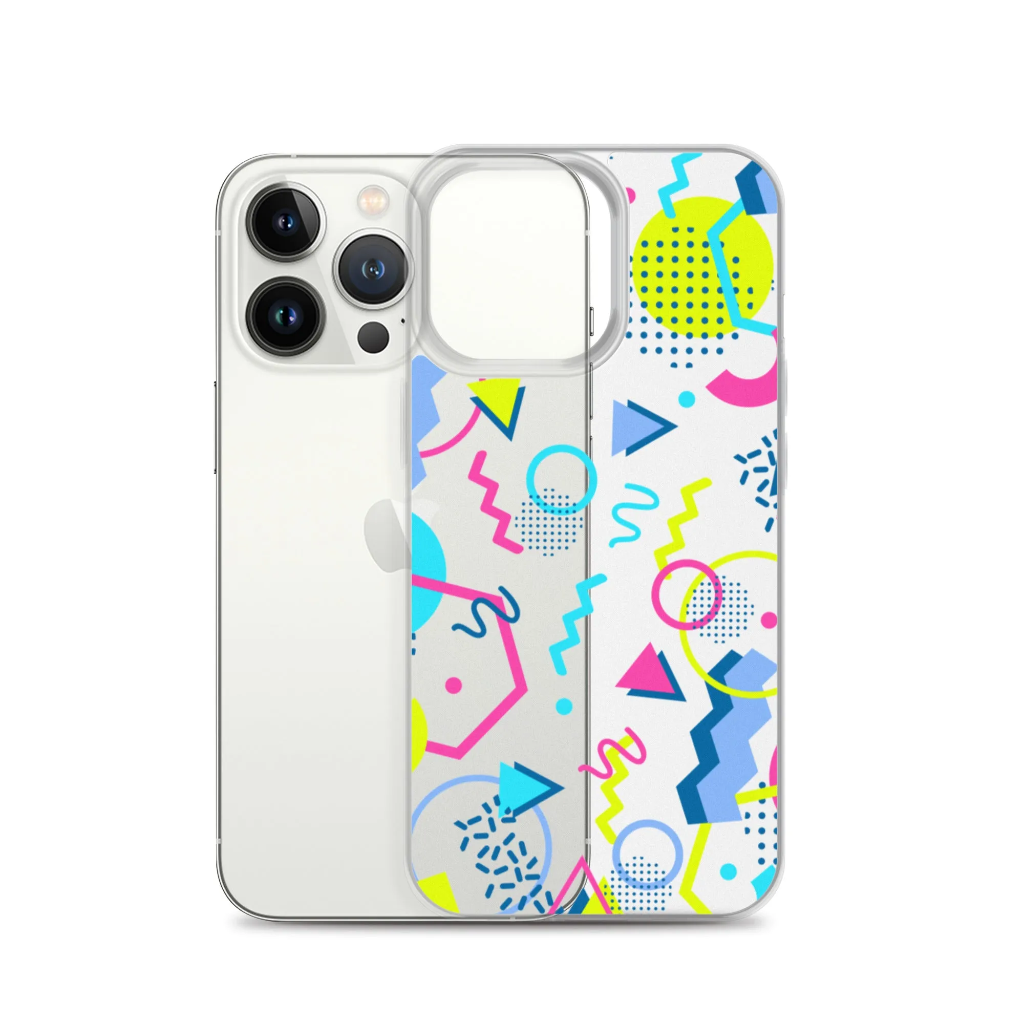 80s Geometric Colorful iPhone 15 14 13 12 Pro Max Clear Case, 1980s Pop Art Print Cute Aesthetic iPhone 11 Mini SE XS XR X 7 8 Cell Phone
