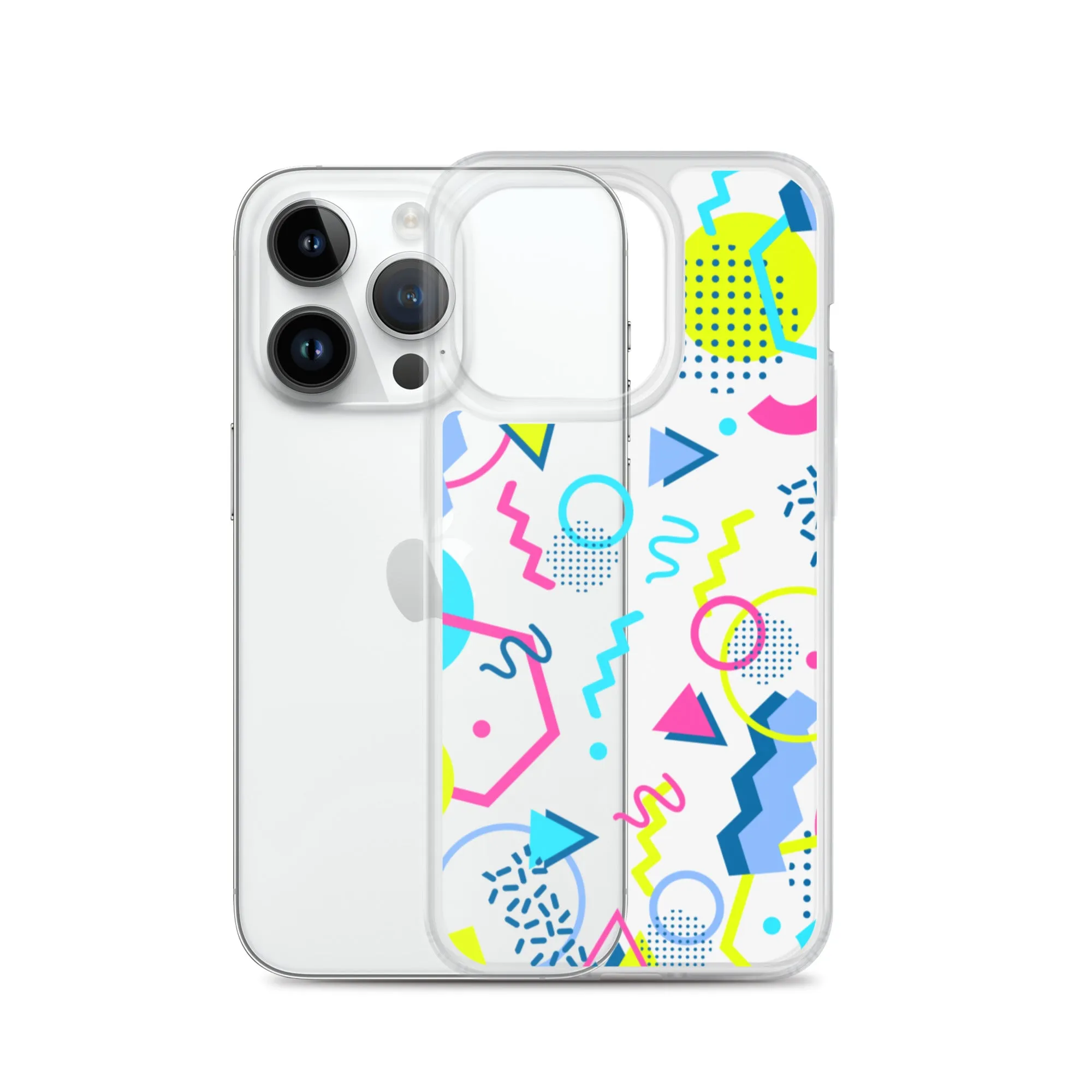 80s Geometric Colorful iPhone 15 14 13 12 Pro Max Clear Case, 1980s Pop Art Print Cute Aesthetic iPhone 11 Mini SE XS XR X 7 8 Cell Phone