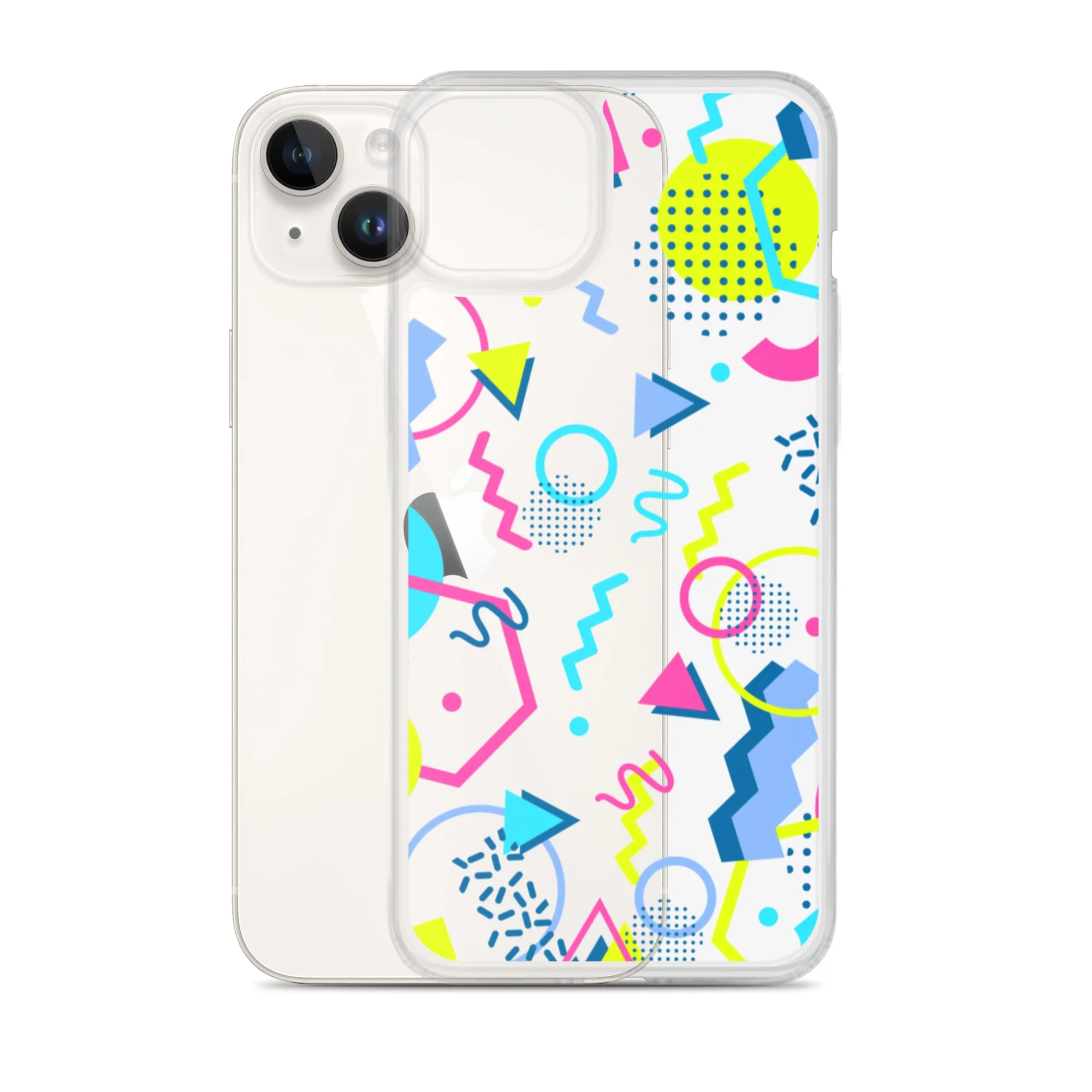 80s Geometric Colorful iPhone 15 14 13 12 Pro Max Clear Case, 1980s Pop Art Print Cute Aesthetic iPhone 11 Mini SE XS XR X 7 8 Cell Phone