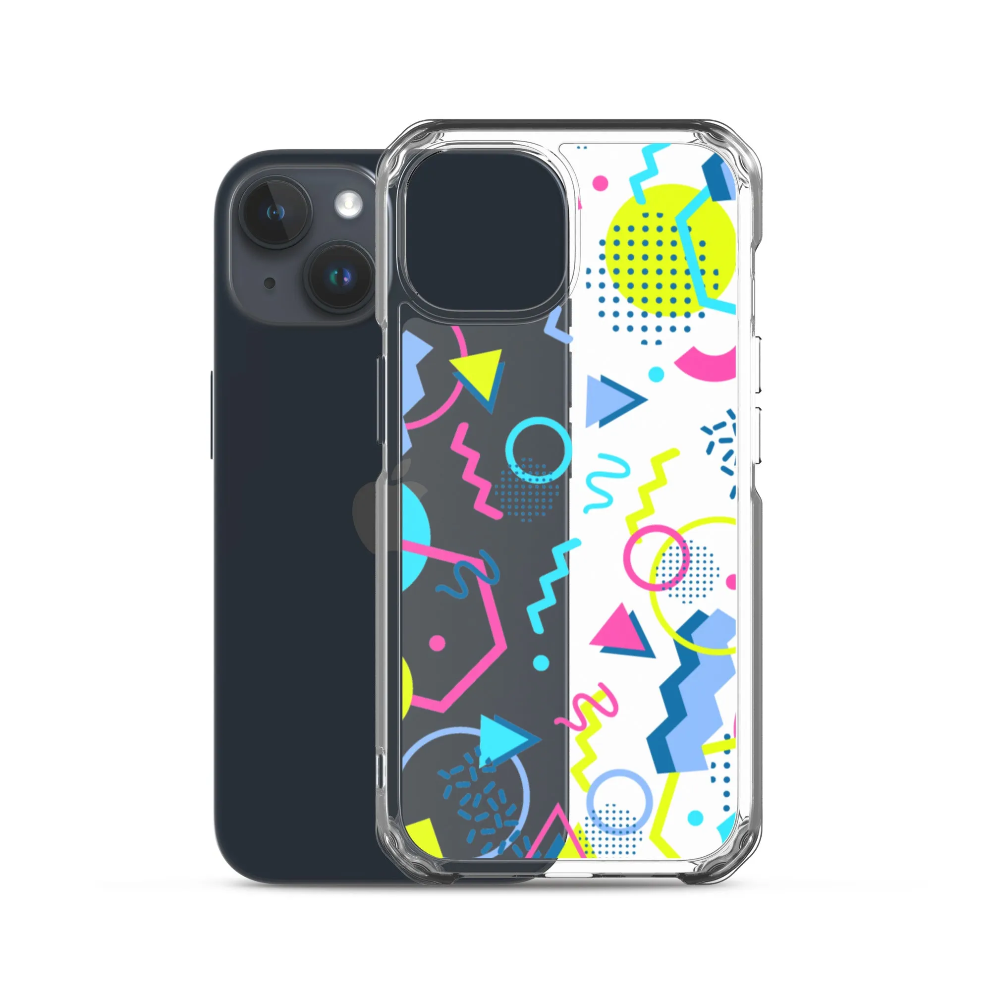 80s Geometric Colorful iPhone 15 14 13 12 Pro Max Clear Case, 1980s Pop Art Print Cute Aesthetic iPhone 11 Mini SE XS XR X 7 8 Cell Phone