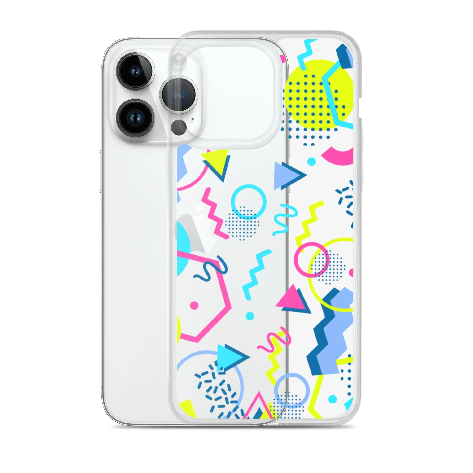 80s Geometric Colorful iPhone 15 14 13 12 Pro Max Clear Case, 1980s Pop Art Print Cute Aesthetic iPhone 11 Mini SE XS XR X 7 8 Cell Phone
