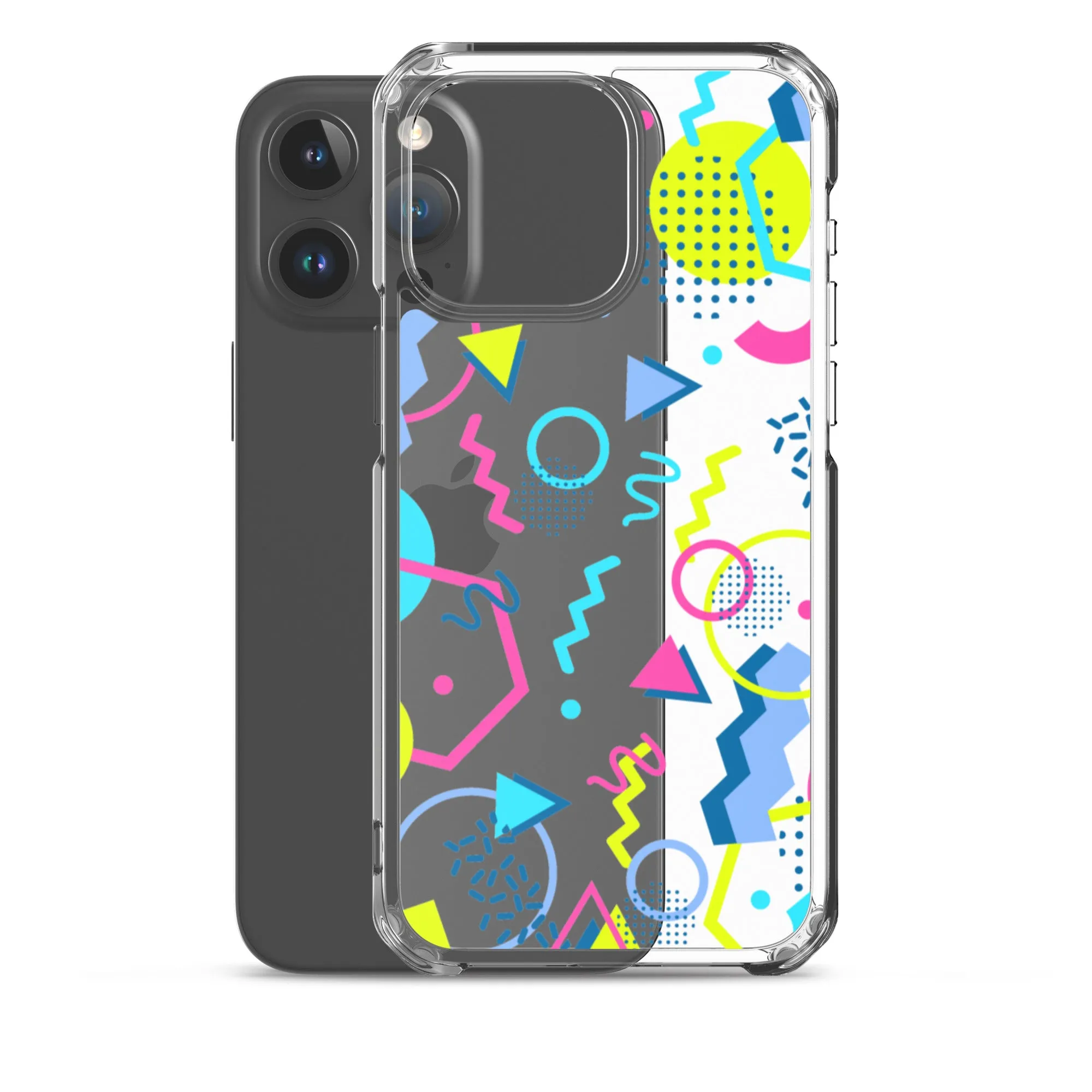 80s Geometric Colorful iPhone 15 14 13 12 Pro Max Clear Case, 1980s Pop Art Print Cute Aesthetic iPhone 11 Mini SE XS XR X 7 8 Cell Phone