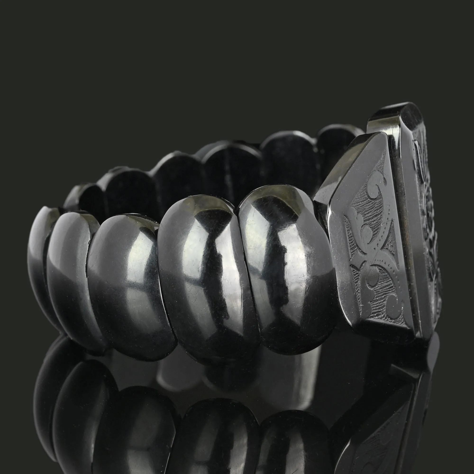 Antique Victorian Wide Carved Whitby Jet Bracelet