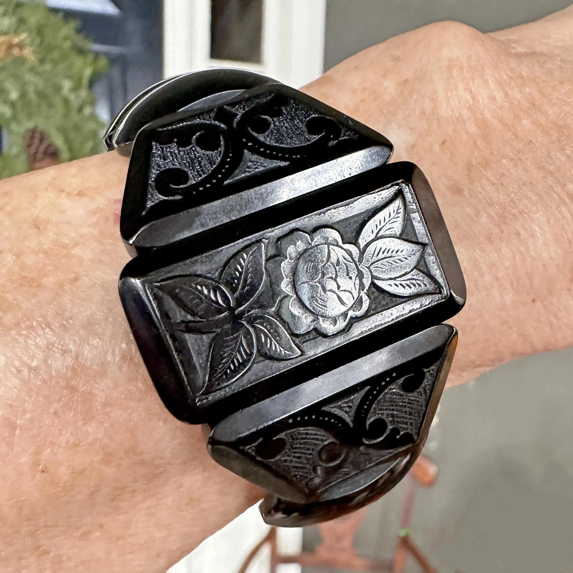 Antique Victorian Wide Carved Whitby Jet Bracelet