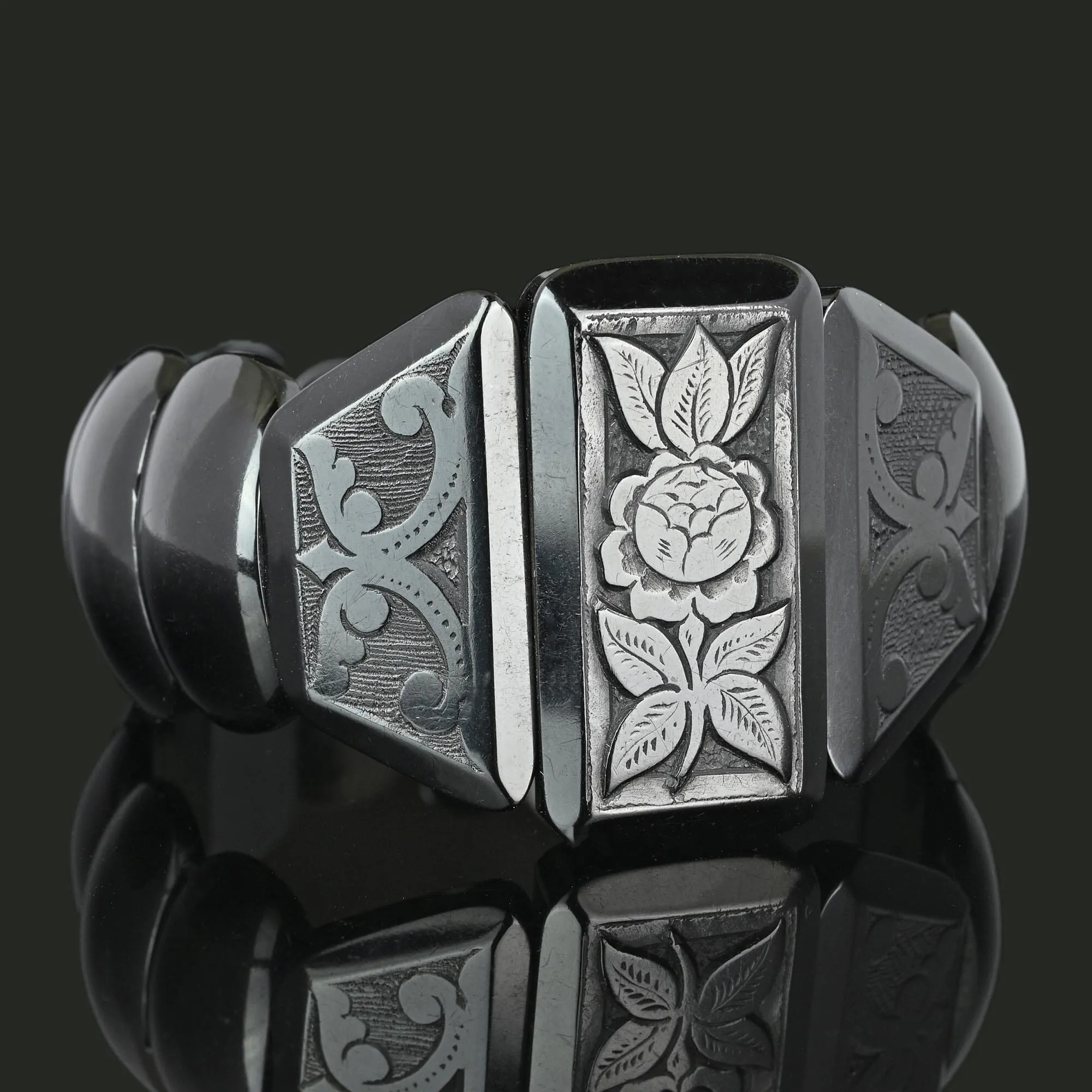 Antique Victorian Wide Carved Whitby Jet Bracelet