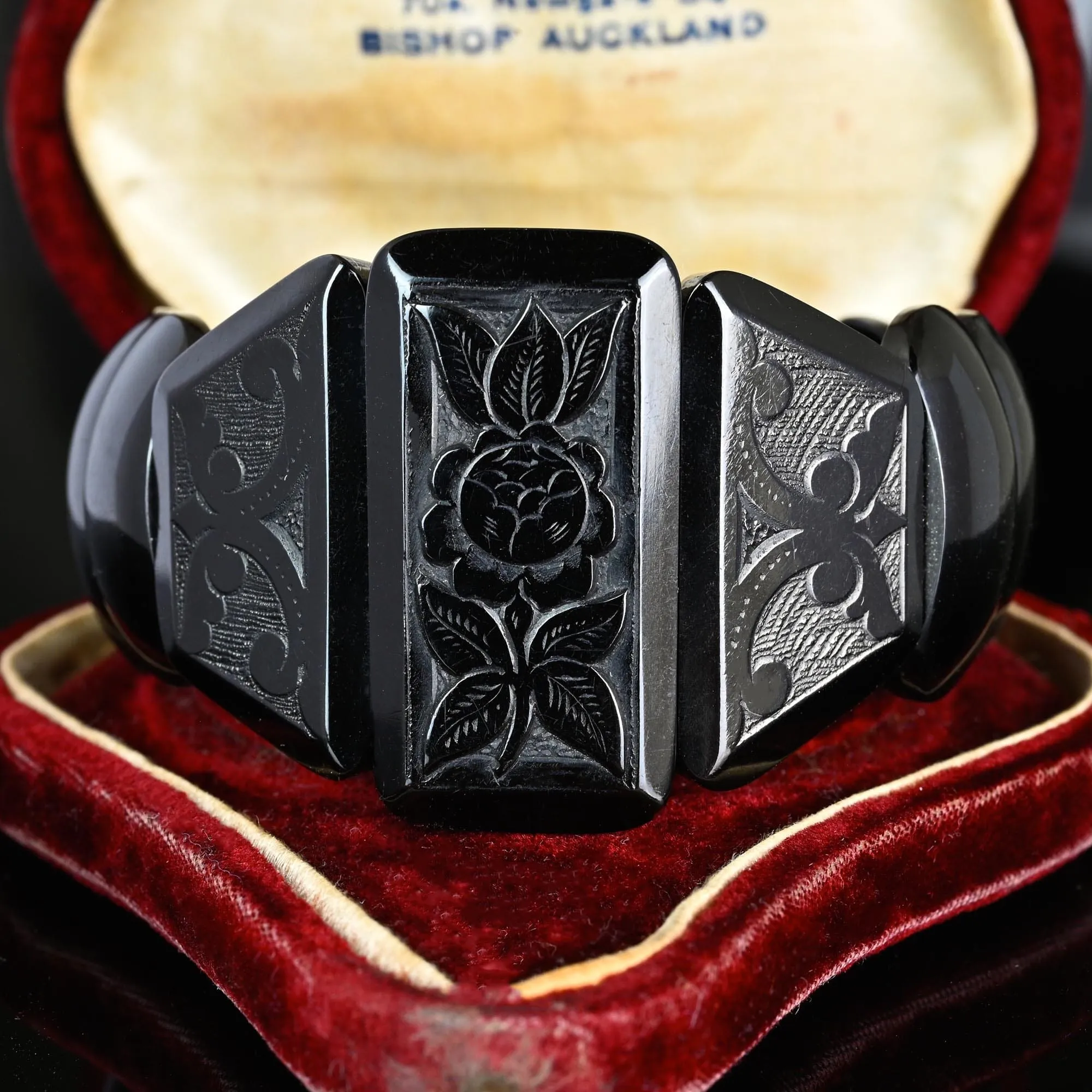 Antique Victorian Wide Carved Whitby Jet Bracelet