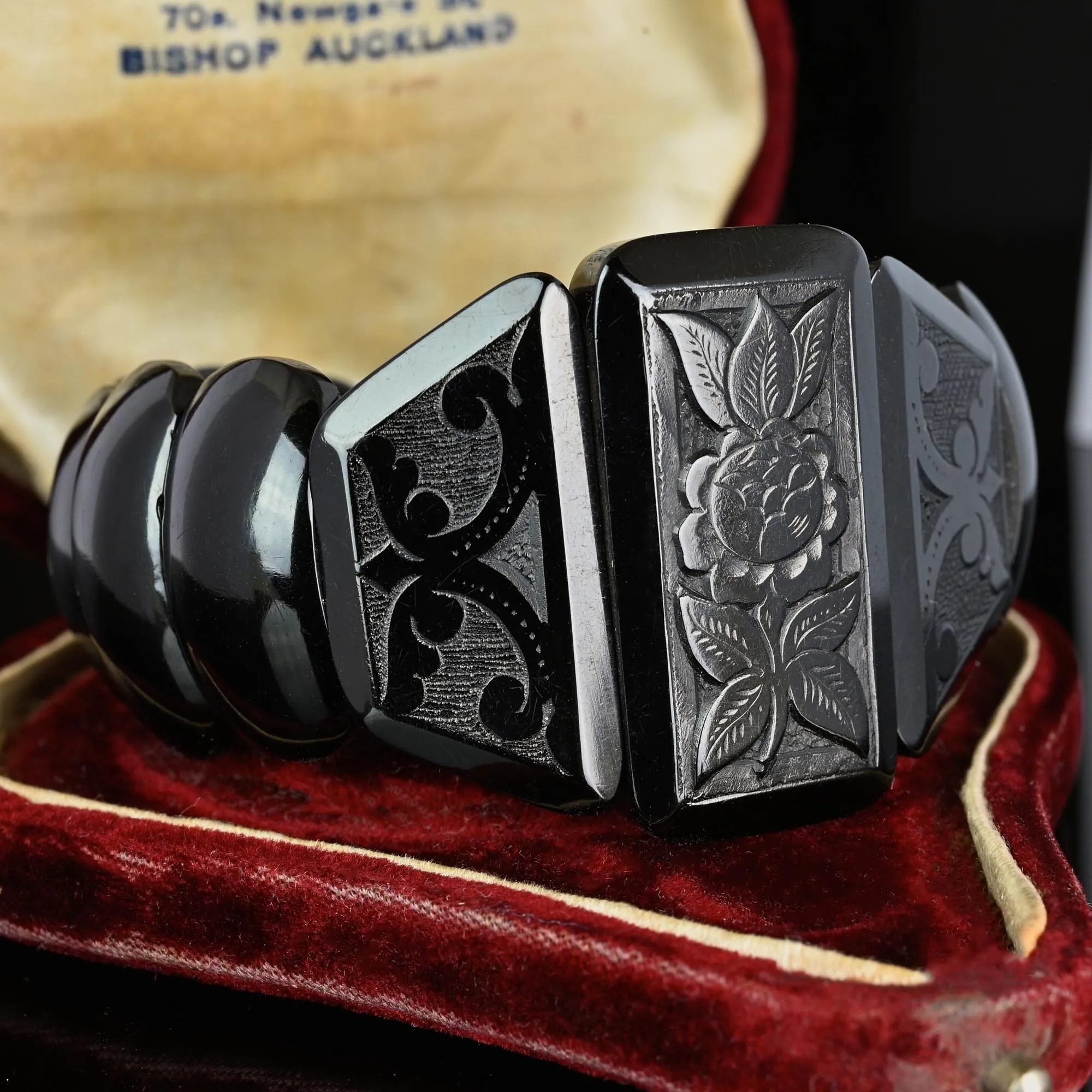 Antique Victorian Wide Carved Whitby Jet Bracelet