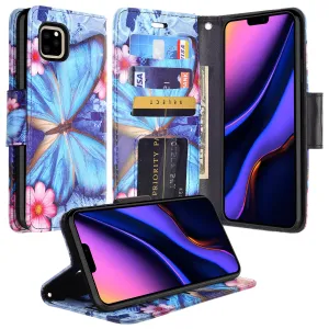 Apple iPhone 12 mini Case, iPhone 12 mini Wallet Case, Wrist Strap Pu Leather Wallet Case [Kickstand] with ID & Credit Card Slots - Blue Butterfly