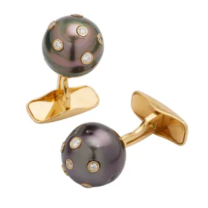 Black Pearls Confetti Diamonds 18K Gold Cufflinks