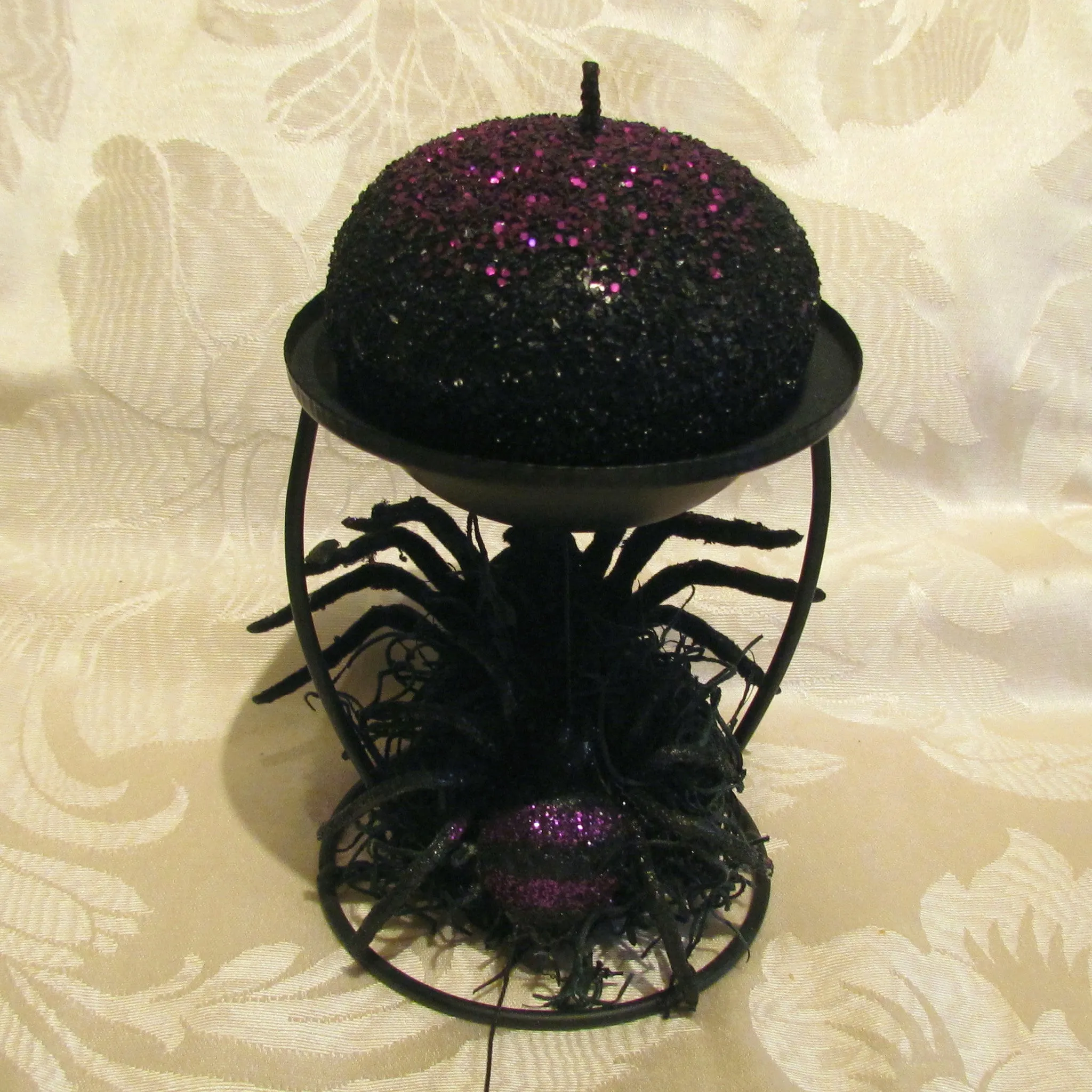 Black Spider Candle Holder Purple Sparkles Halloween Decoration