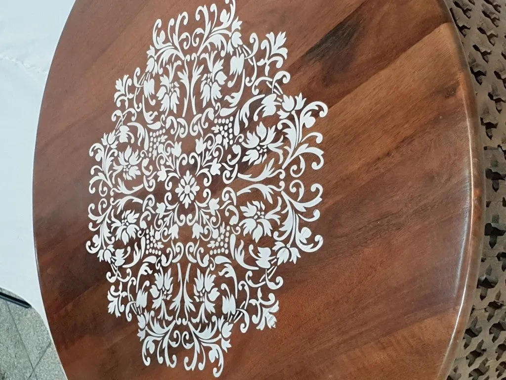 Bristol Bamileke Solid Carved Round Coffee Table Screen Print Brown 90x90x55cm