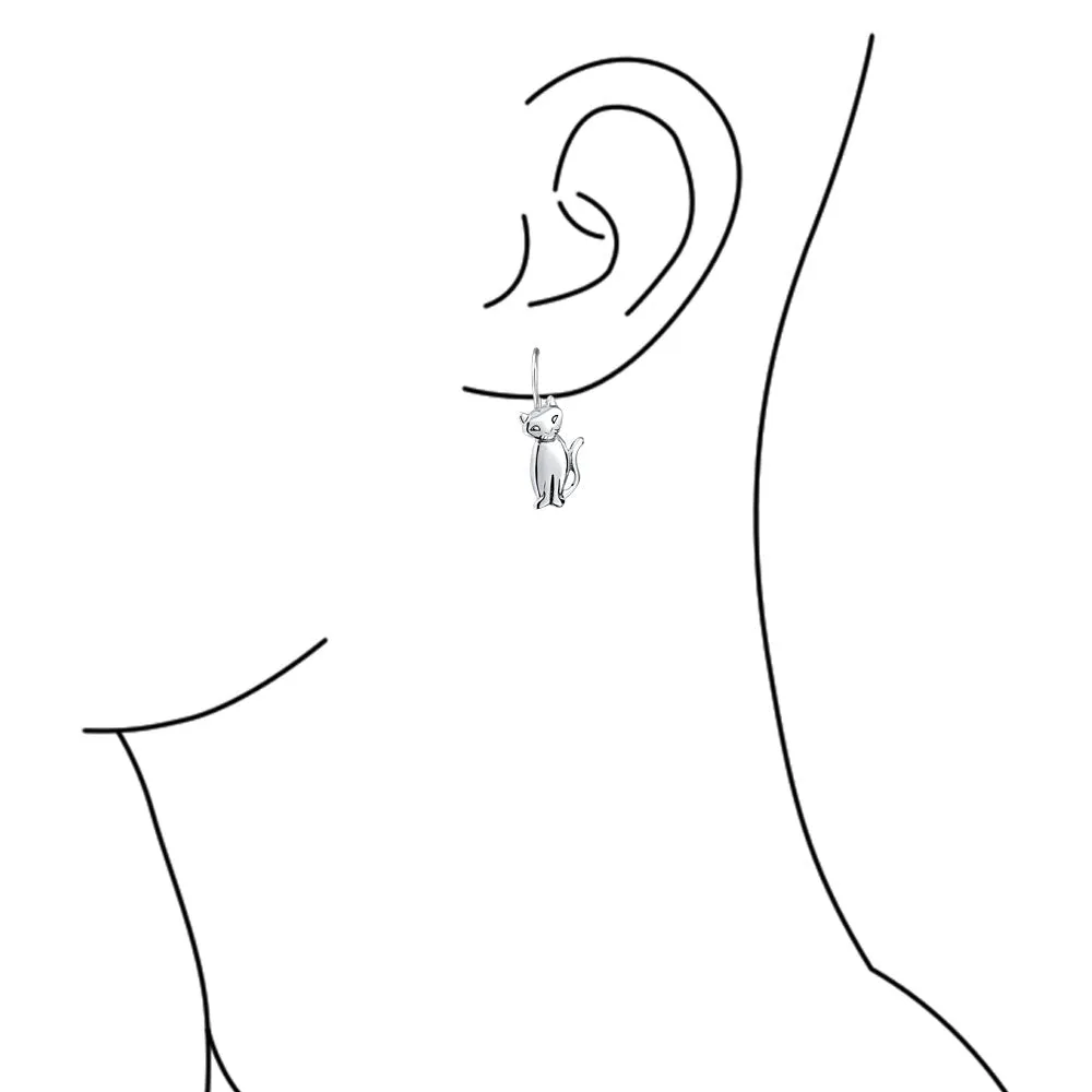 Cute Siamese Kitten Cat Dangle Earrings in Polished  Sterling Silver