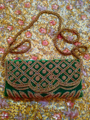 Dark green embellished velvet purse