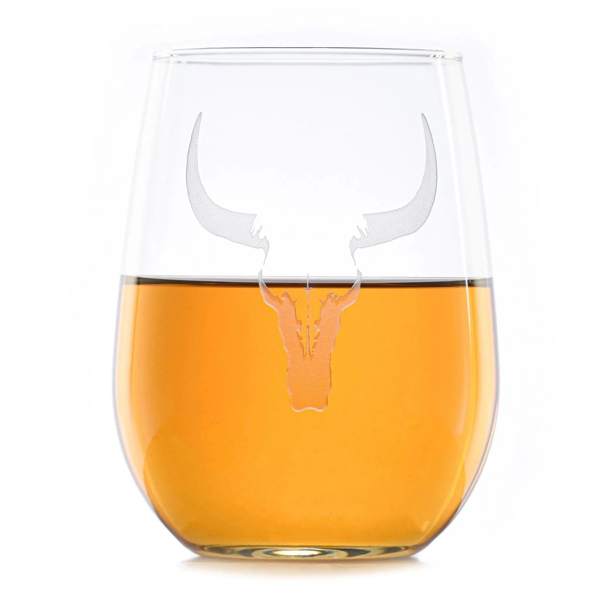 Deep Carved Steer Skull Stemless Wine Glasses