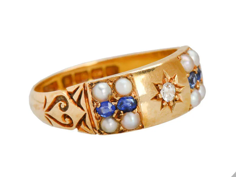 Edwardian Antique Pearl Sapphire Ring of 1904