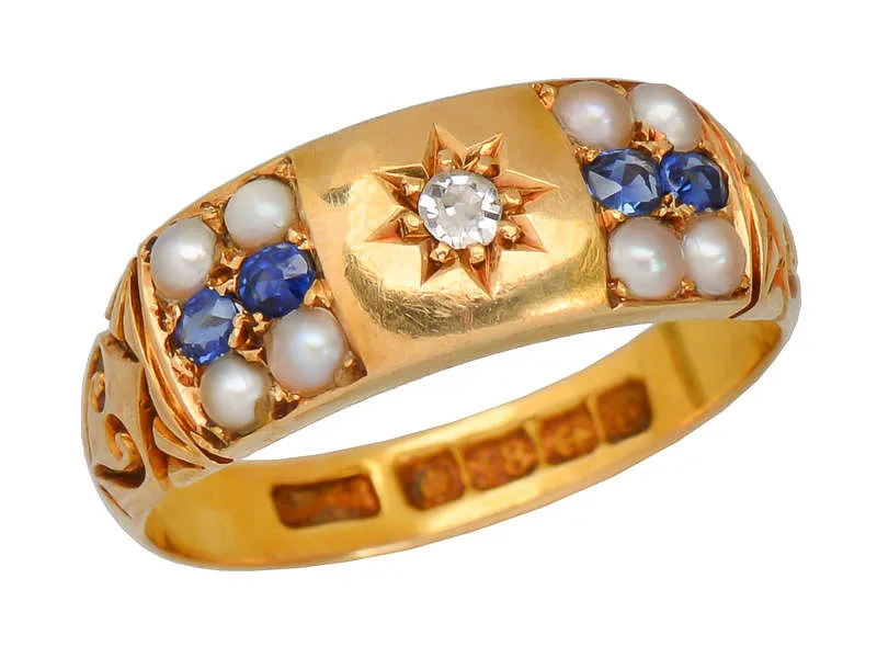 Edwardian Antique Pearl Sapphire Ring of 1904
