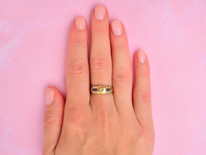 Edwardian Antique Pearl Sapphire Ring of 1904
