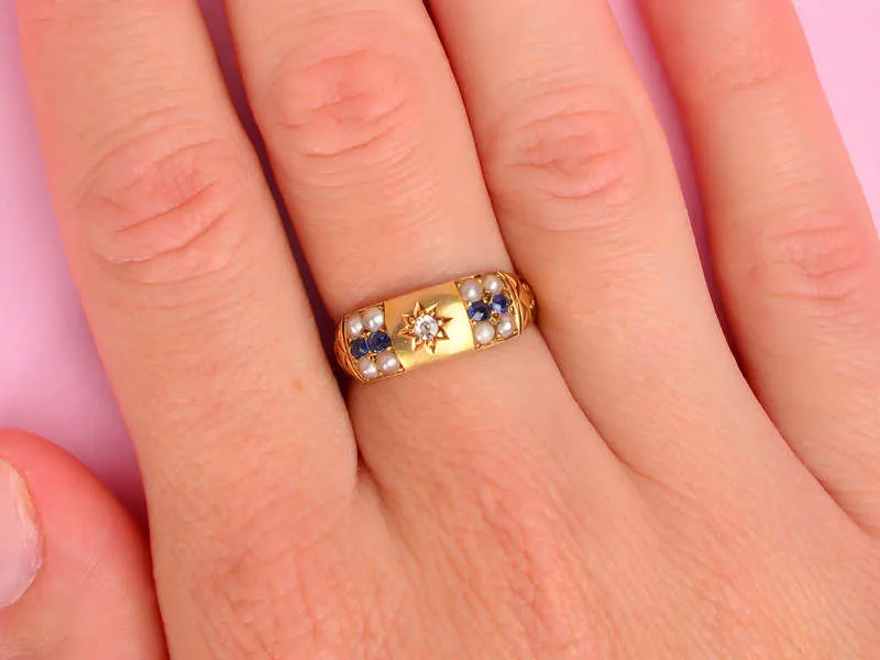 Edwardian Antique Pearl Sapphire Ring of 1904