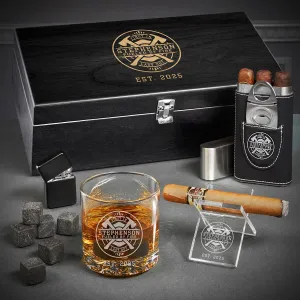 Firefighter Custom Whiskey Cigar Gift Set with Travel Cigar Holder - 7pc Ebony Black Box