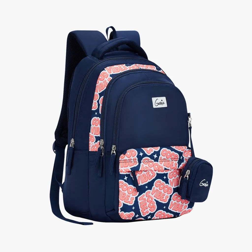 Genie Vibes Backpack for Girls, 17" Cute, Colourful Bags, Water Resistant and Lightweight, 3 Compartment with Happy Pouch, 27 Liters, Nylon Twill