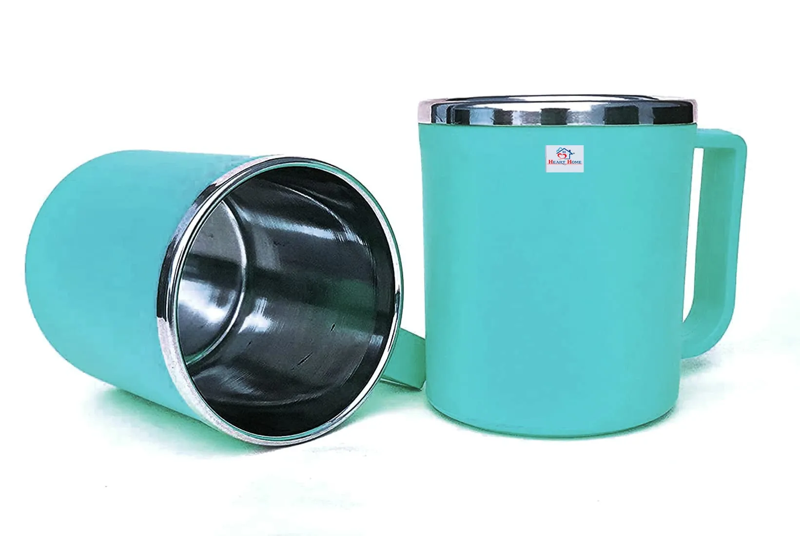 Heart Home Medium Size Plastic Steel Cups for Coffee Tea Cocoa, Camping Mugs with Handle, Portable & Easy Clean, Set of 4 (Green & Orange)