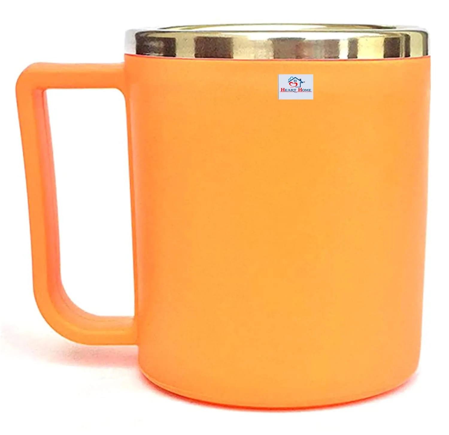 Heart Home Medium Size Plastic Steel Cups for Coffee Tea Cocoa, Camping Mugs with Handle, Portable & Easy Clean, Set of 4 (Green & Orange)