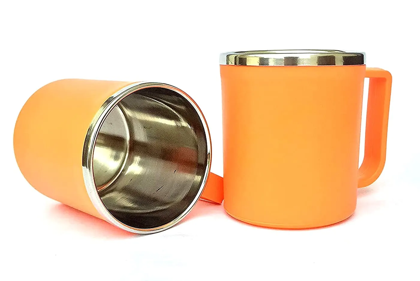 Heart Home Medium Size Plastic Steel Cups for Coffee Tea Cocoa, Camping Mugs with Handle, Portable & Easy Clean, Set of 4 (Green & Orange)