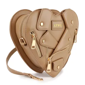 Heart Shape Biker Jacket Petite Shoulder Bag: Khaki