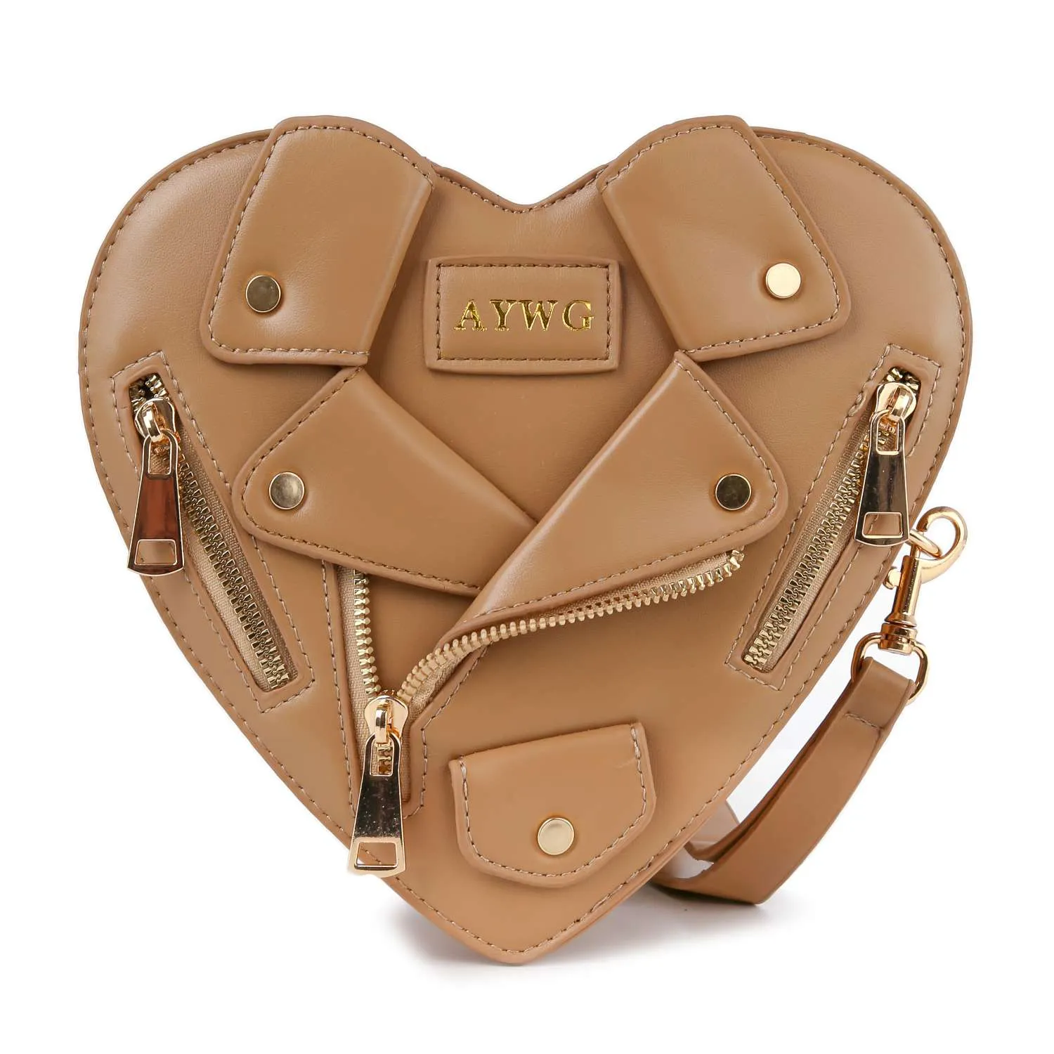 Heart Shape Biker Jacket Petite Shoulder Bag: Khaki