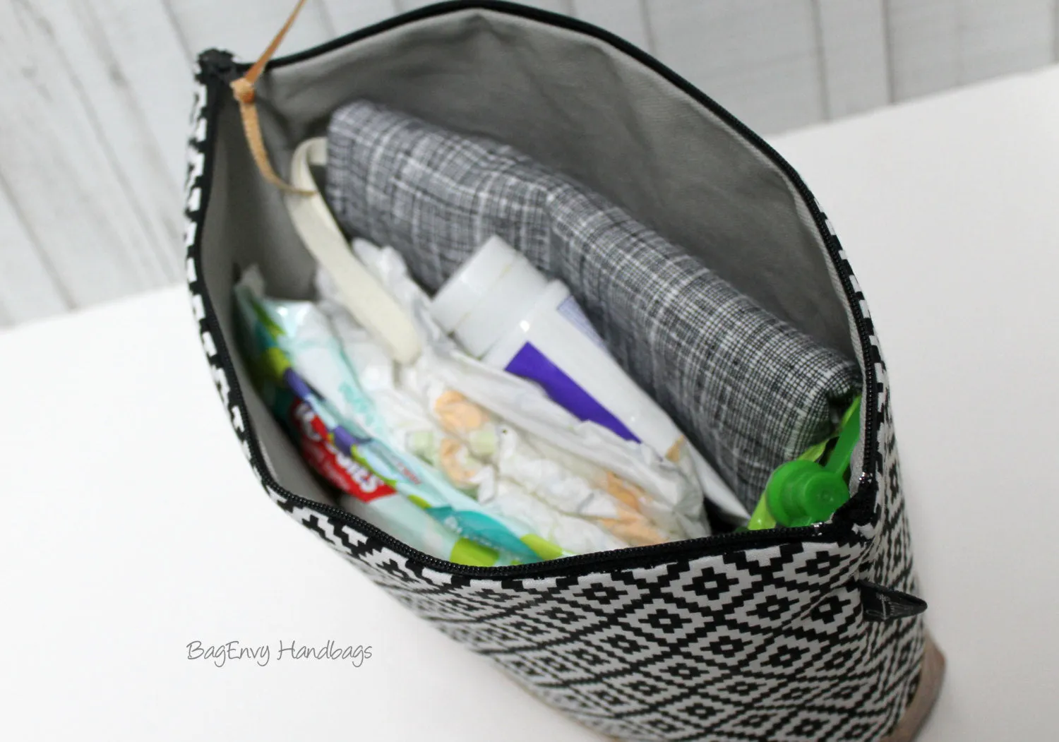 Heni Aztec In Black with Vegan Leather - Large Make Up Bag / Diaper Clutch / Bridesmaid Gift
