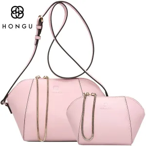 HONGU Composite Bag Genuine Cow Leather Women Shoulder Bags Fashion Solid Shell Women's Kit Bags Female Crossbody   Clutch Bag