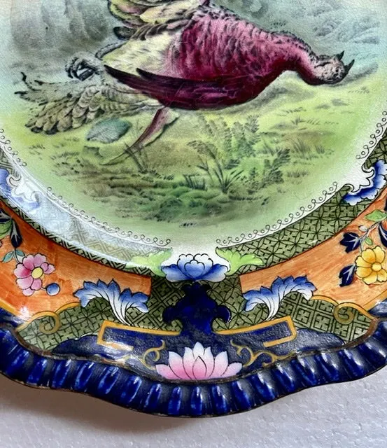 Intricately Hand Painted Spode Copeland Upland Wild Game Bird Downed Turkey Plate  Enameled Clobbered