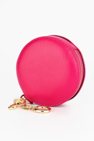 Italian Leather Round Clip-On Coin Purse in Raspberry