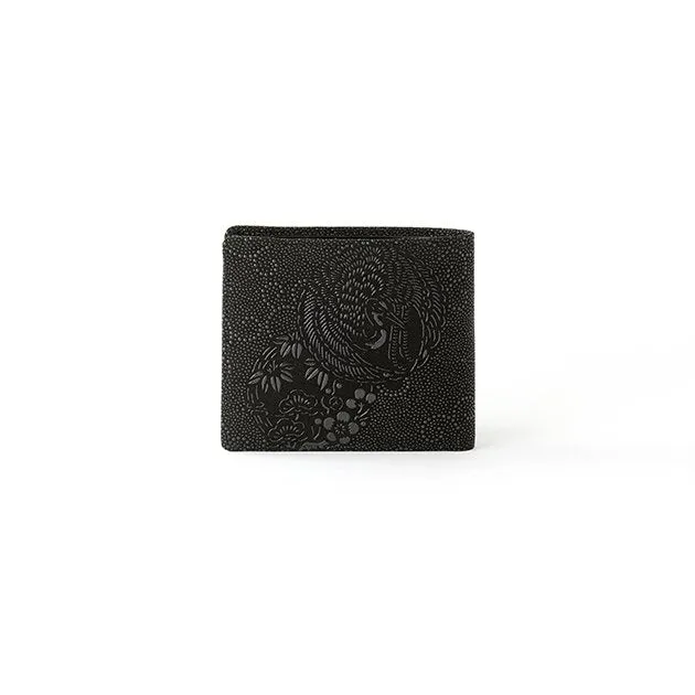 Koshu Inden Japanese Deerskin Leather with Urushi (Japanese Lacquer) Fold Wallet - Crane and Turtle / Gray-Black - ,  Made in Japan,  Japanese Leather Wallet