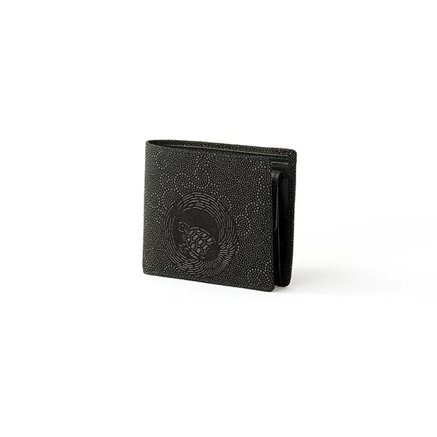 Koshu Inden Japanese Deerskin Leather with Urushi (Japanese Lacquer) Fold Wallet - Crane and Turtle / Gray-Black - ,  Made in Japan,  Japanese Leather Wallet