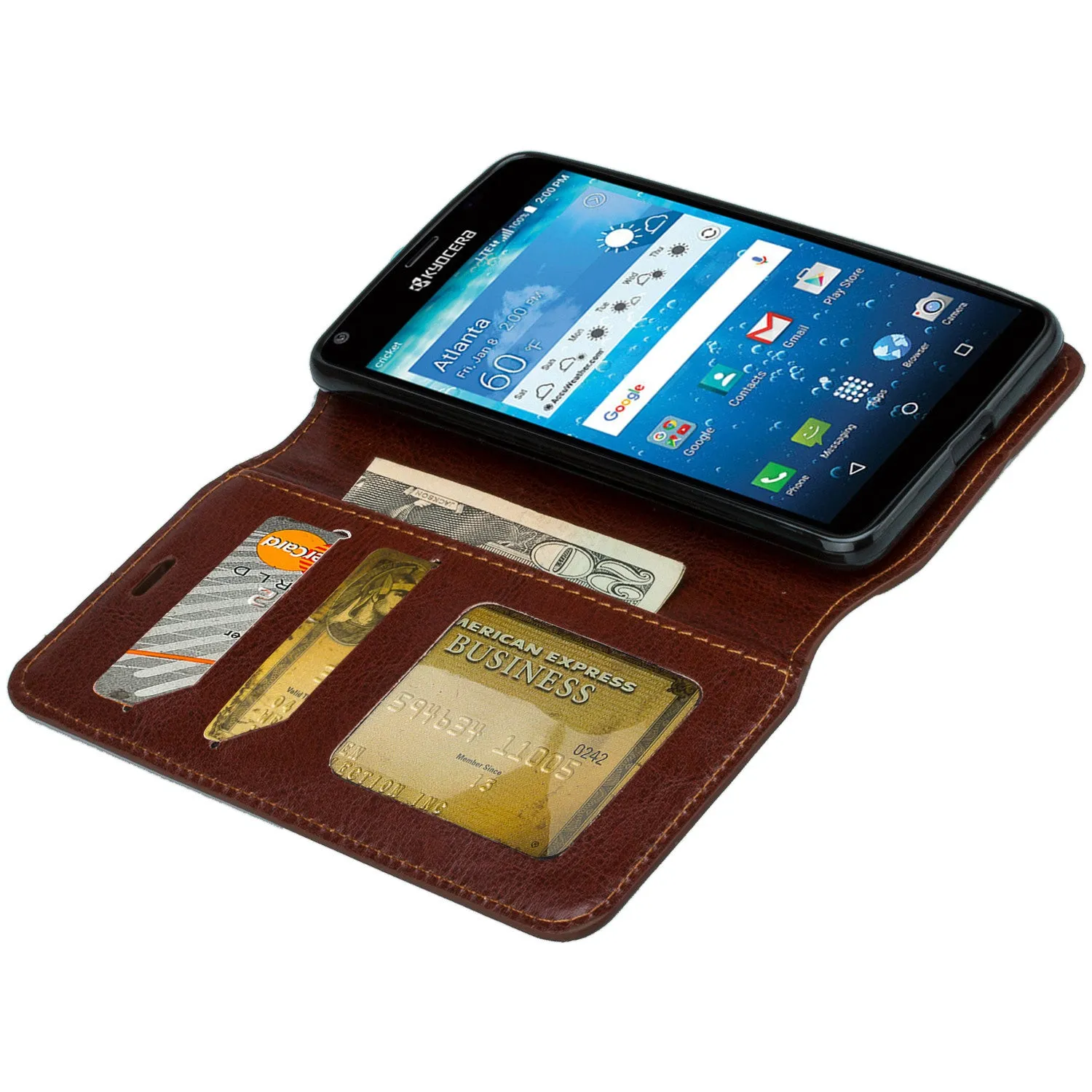 Kyocera Hydro View Wallet Case, Slim Magnetic Flip Fold[Kickstand] Pu Leather Wallet Case with ID & Credit Card Slots & Pocket for Kyocera Hydro View - Brown