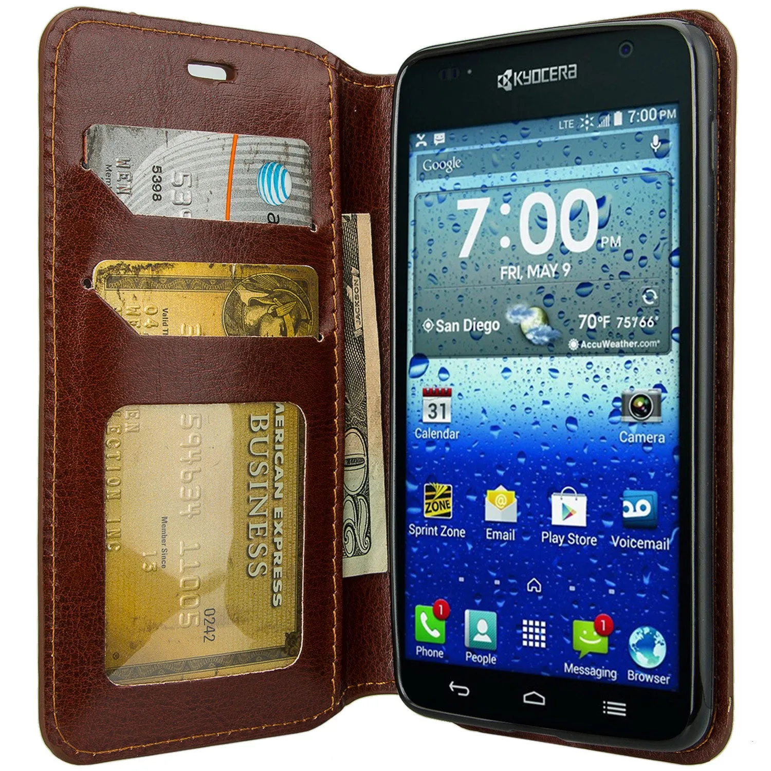 Kyocera Hydro View Wallet Case, Slim Magnetic Flip Fold[Kickstand] Pu Leather Wallet Case with ID & Credit Card Slots & Pocket for Kyocera Hydro View - Brown
