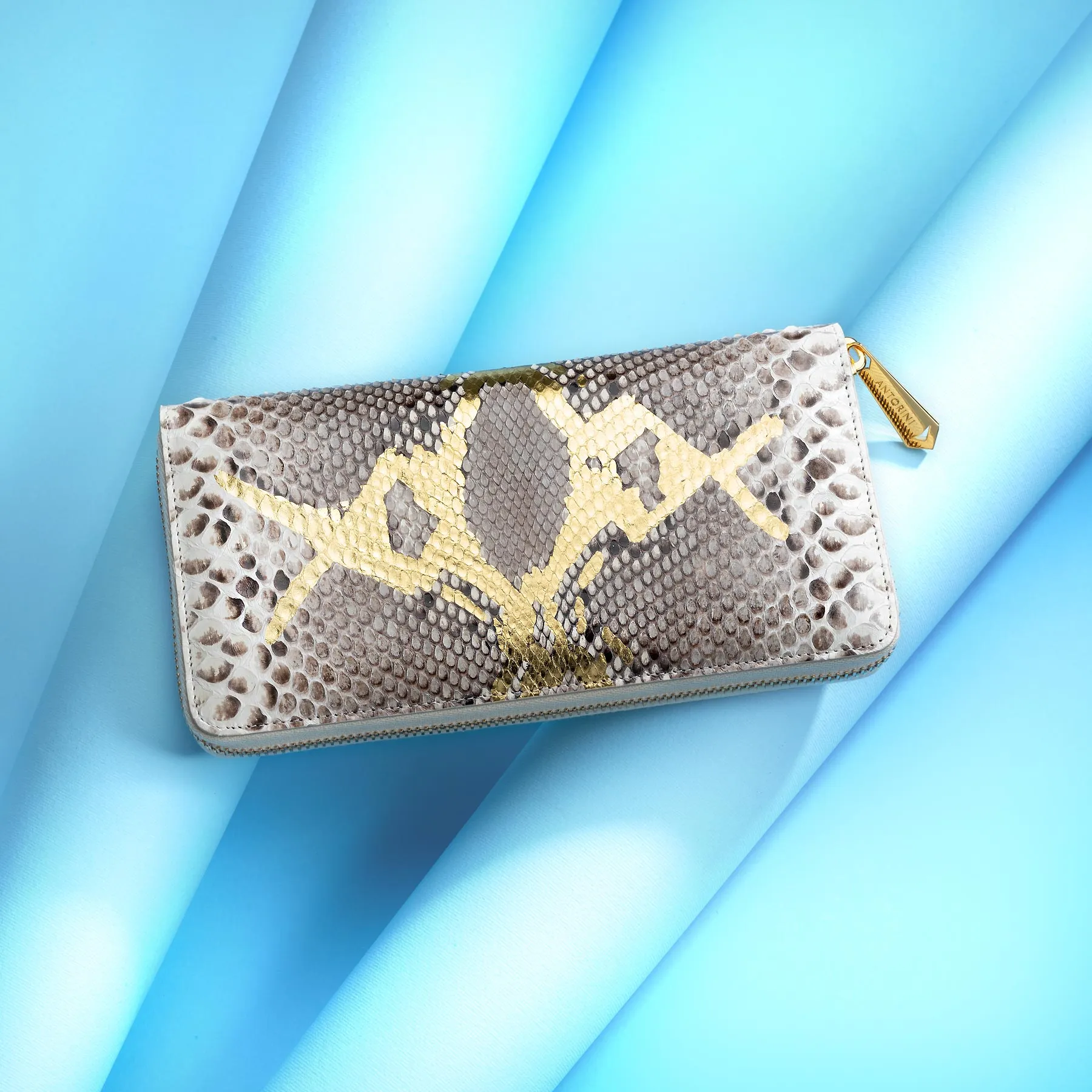 Ladies Snakeskin Purse, Grey & Gold