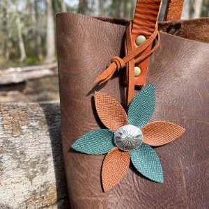 Leather Flower Bag Charm with Tote Loop in Teal and Brown