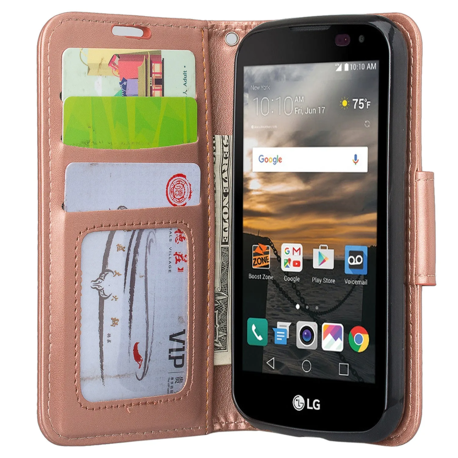 LG K3 Case, Wrist Strap Magnetic Flip Fold[Kickstand] Pu Leather Wallet Case with ID & Credit Card Slots for LG K3 - Rose Gold