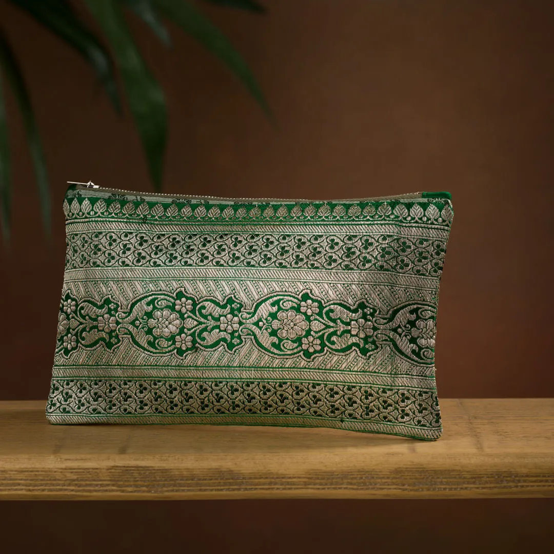 Luxury Upcycled Brocade Sari Clutch Purse, Emerald Green